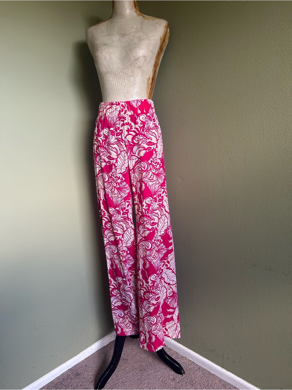 NWT Lilly Pulitzer Burgundy& Tan Floral Wide-Leg Pants Sz S